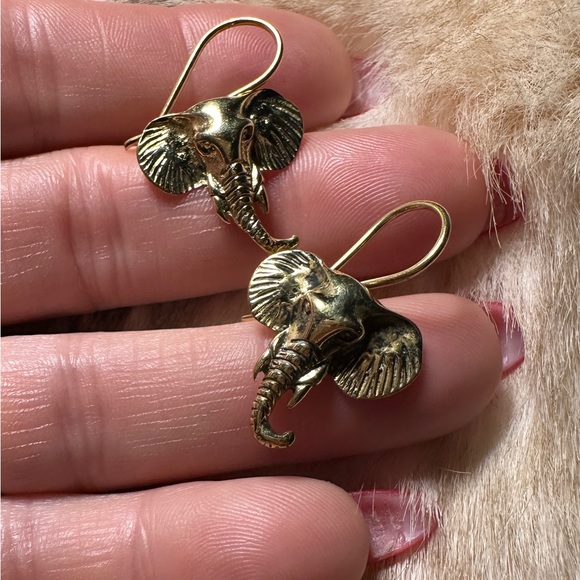 Vintage Solid Brass Tibetan Elephant Dangle Earrings - Picture 2 of 3